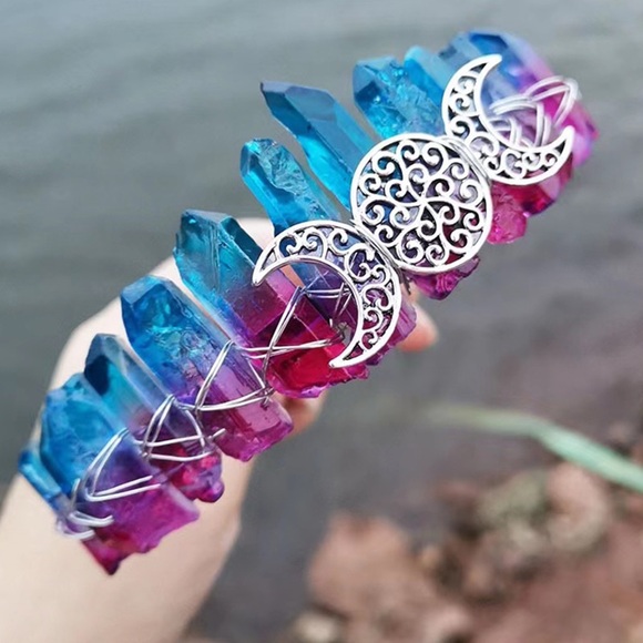 Accessories - Natural Gemstone Colorful Aura Moon Witch Crystal Crown Headband Tiara Hair Band
